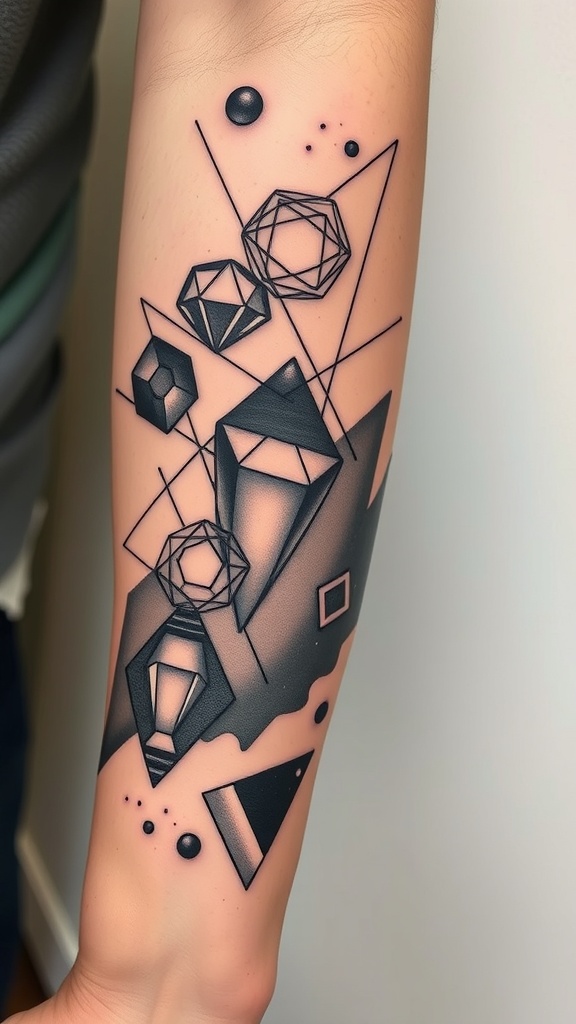 Tattoo featuring floating geometric shapes in black ink on an arm.