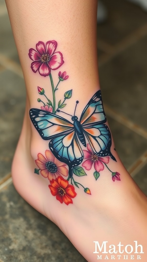 A colorful butterfly tattoo surrounded by flowers on an ankle.