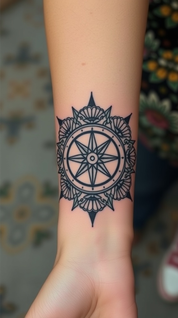Floral Compass Mandala tattoo on forearm