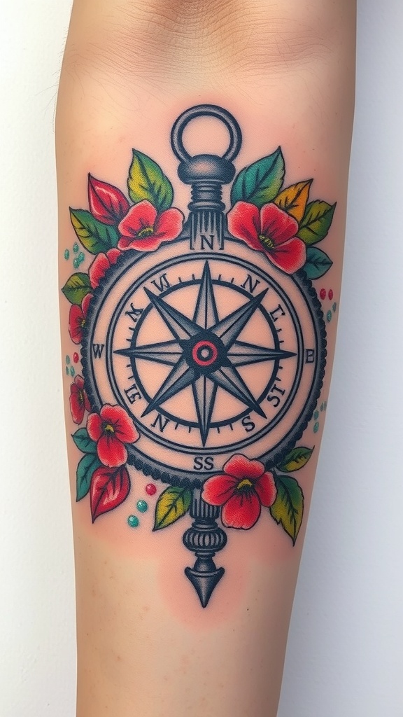 A colorful floral compass tattoo featuring red flowers and green leaves.