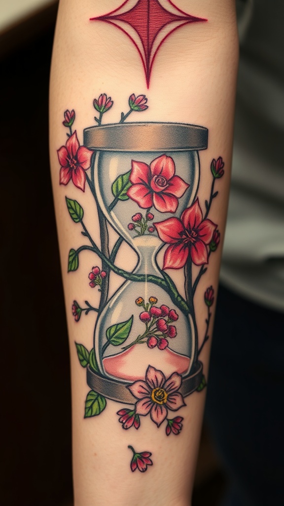 A colorful tattoo of an hourglass surrounded by flowers.