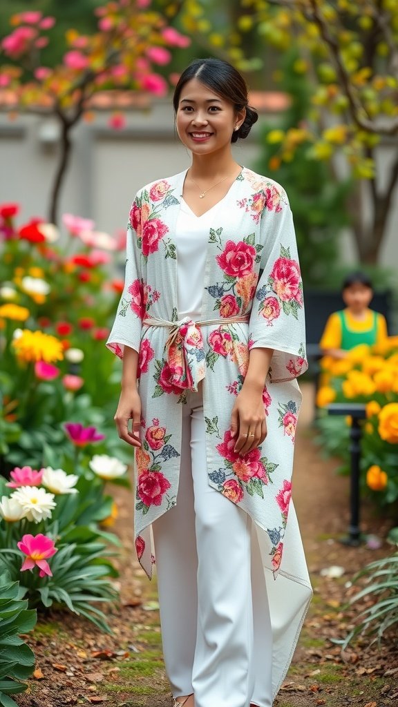 A woman wearing a floral kimono over a white outfit, smiling in a garden filled with colorful flowers.