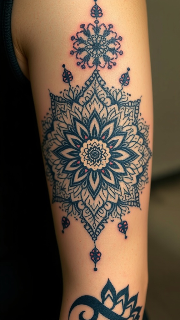 A detailed floral mandala tattoo on the arm featuring intricate patterns and vibrant colors.