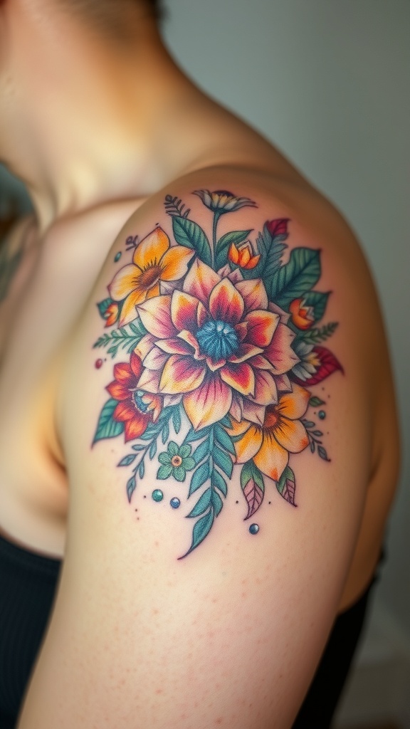A vibrant floral mandala tattoo featuring colorful flowers and intricate designs.