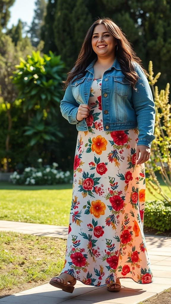 A plus-size woman wearing a floral maxi dress and denim jacket in a garden setting.