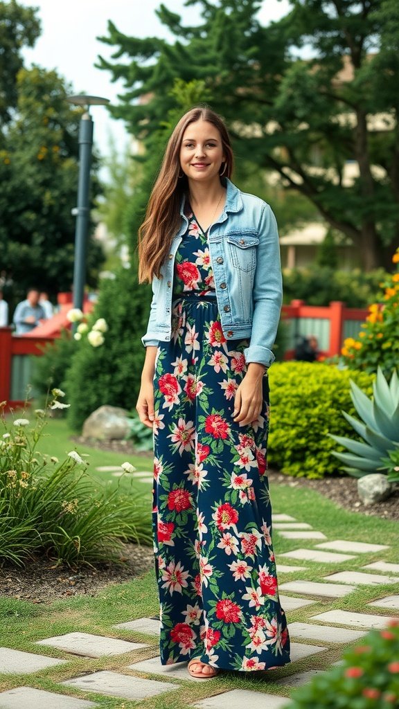 A woman wearing a floral maxi dress and denim jacket, standing in a garden setting.