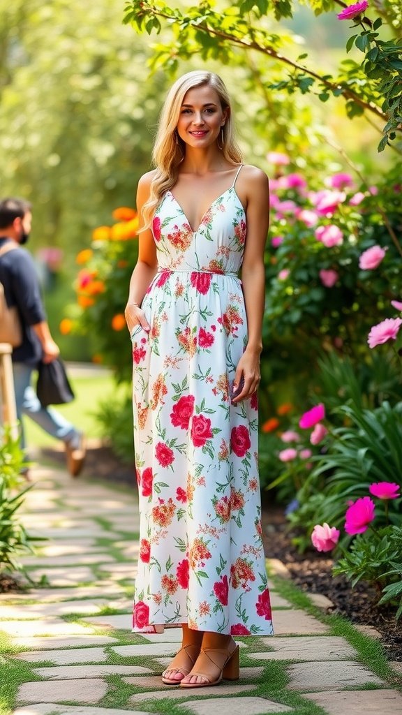 A woman in a floral maxi dress and strappy sandals, surrounded by colorful flowers in a garden.