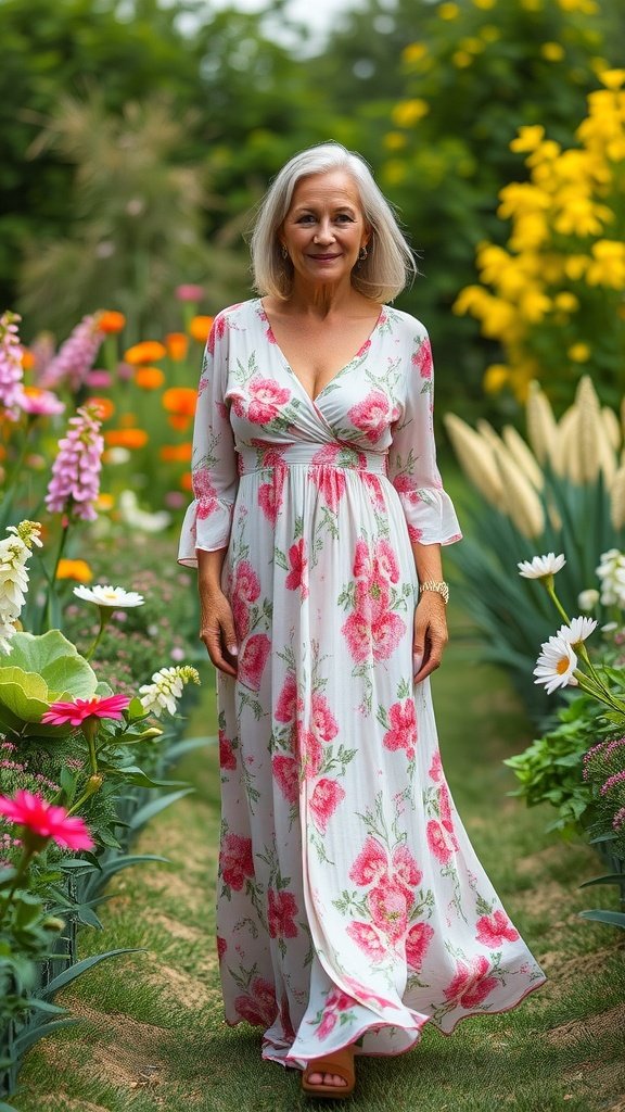 A woman in a floral maxi dress standing among colorful flowers
