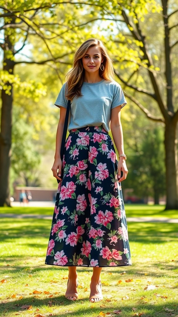 A woman wearing a floral maxi skirt and a graphic tee, standing in a park.