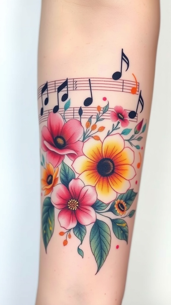A colorful tattoo featuring musical notes intertwined with flowers on a person's arm.