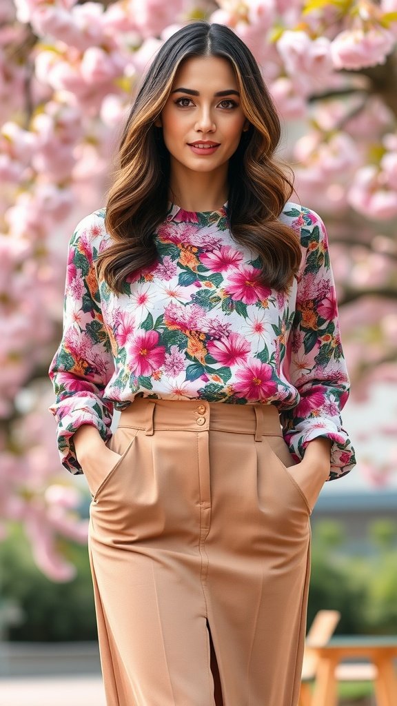 A woman wearing a floral print blouse and high-waisted trousers, standing in front of blooming cherry blossom trees.