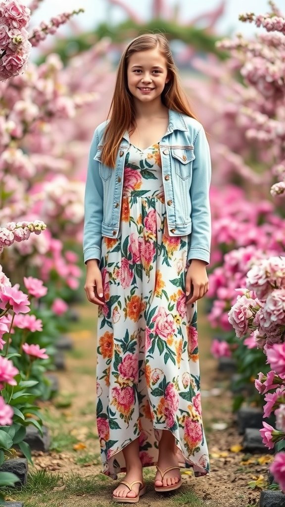 Teen girl wearing a floral print maxi dress with a denim jacket