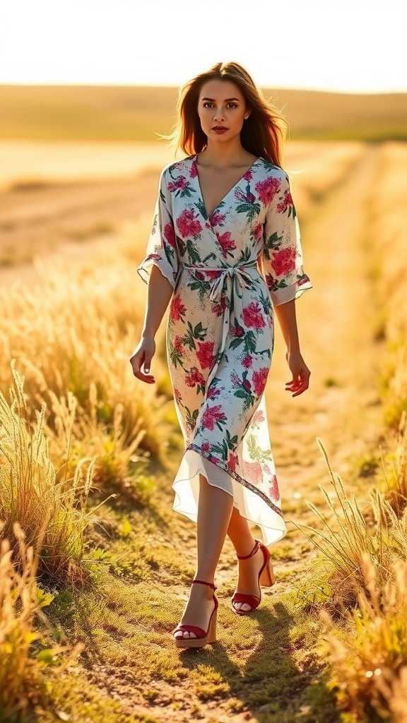 A woman wearing a floral print wrap dress and wedges walking through a golden field.