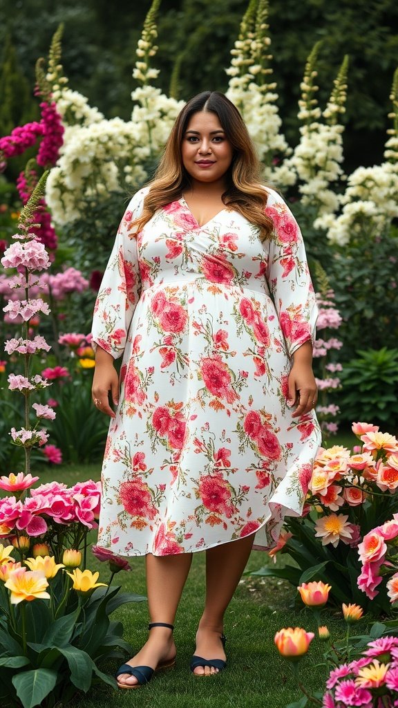 A plus-size woman wearing a floral print dress, surrounded by colorful flowers in a garden.