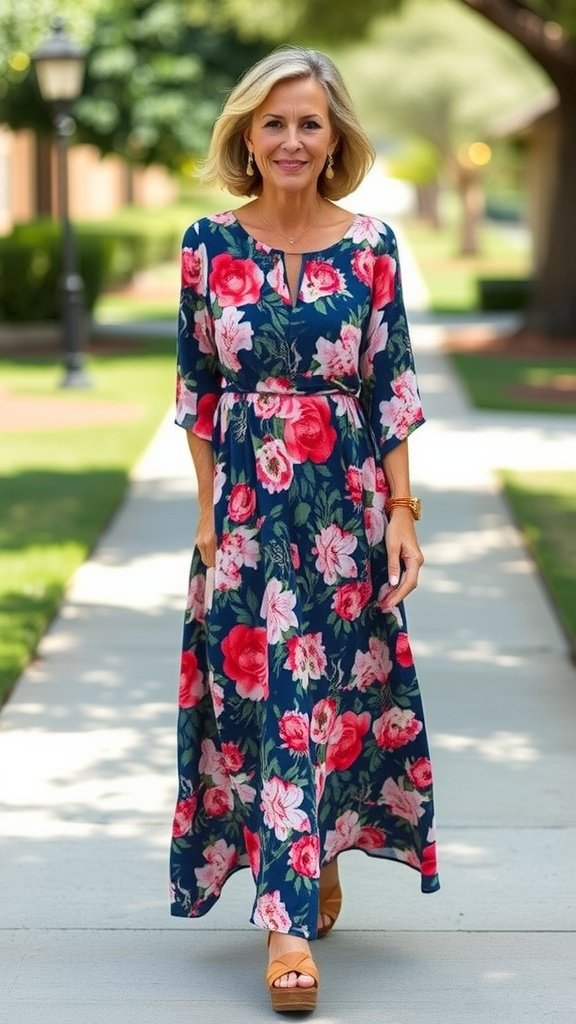 A flowy floral maxi dress displayed on a mannequin in a bright, airy room