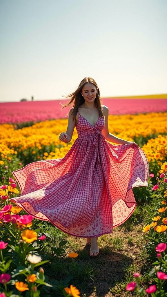 A woman in a flowy red and white maxi dress walking in a colorful flower field.