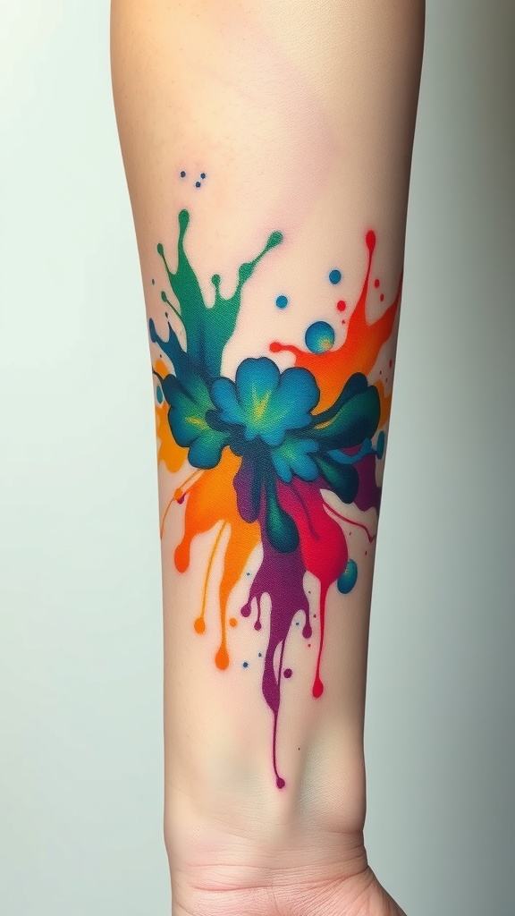 Colorful abstract watercolor splash tattoo on a forearm.