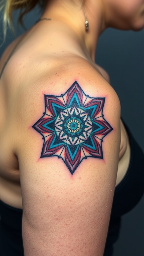 A colorful fractal geometric tattoo on a person's shoulder.