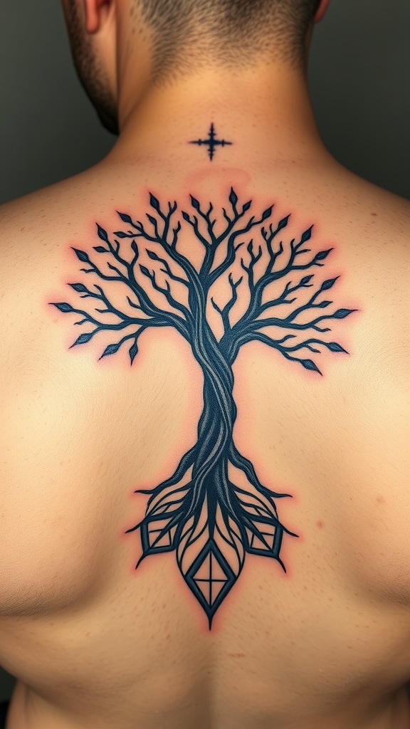 A detailed fractal tree of life tattoo on a person's back, showcasing intricate branches and roots.