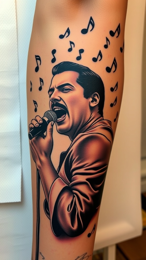 Tattoo of Freddie Mercury singing with musical notes around him.