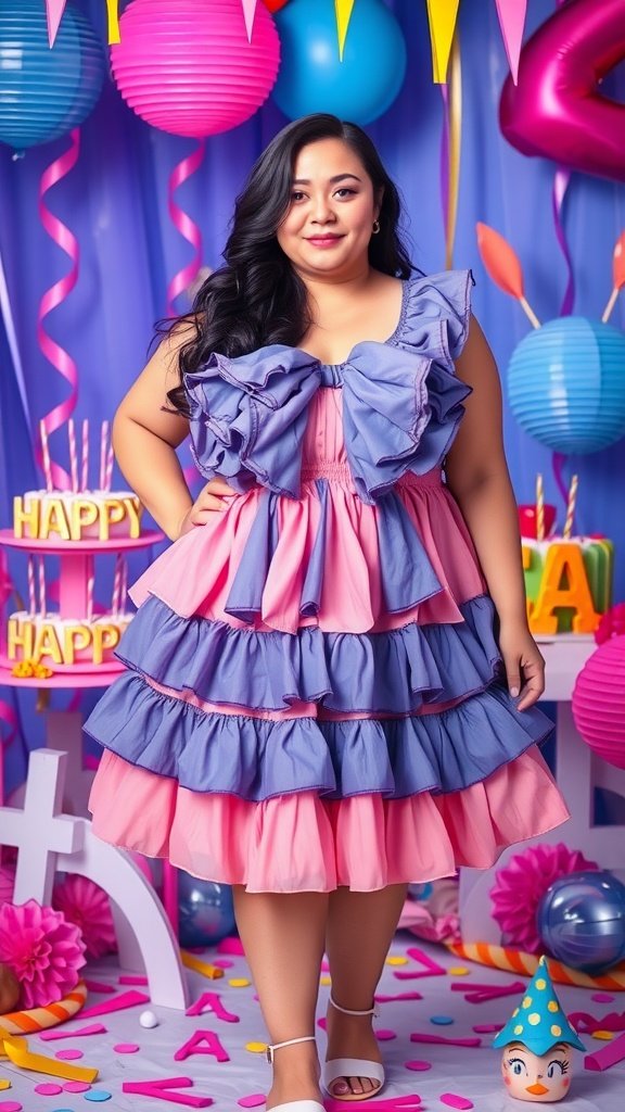A model wearing a fun ruffled pink and blue dress with a bow, surrounded by colorful decorations