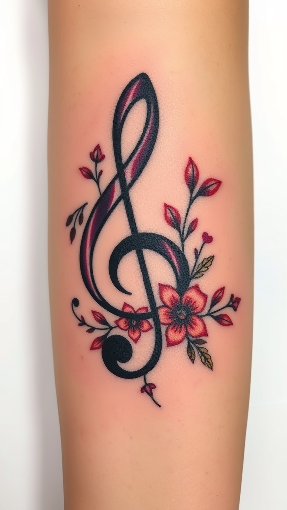 G clef tattoo with floral accents