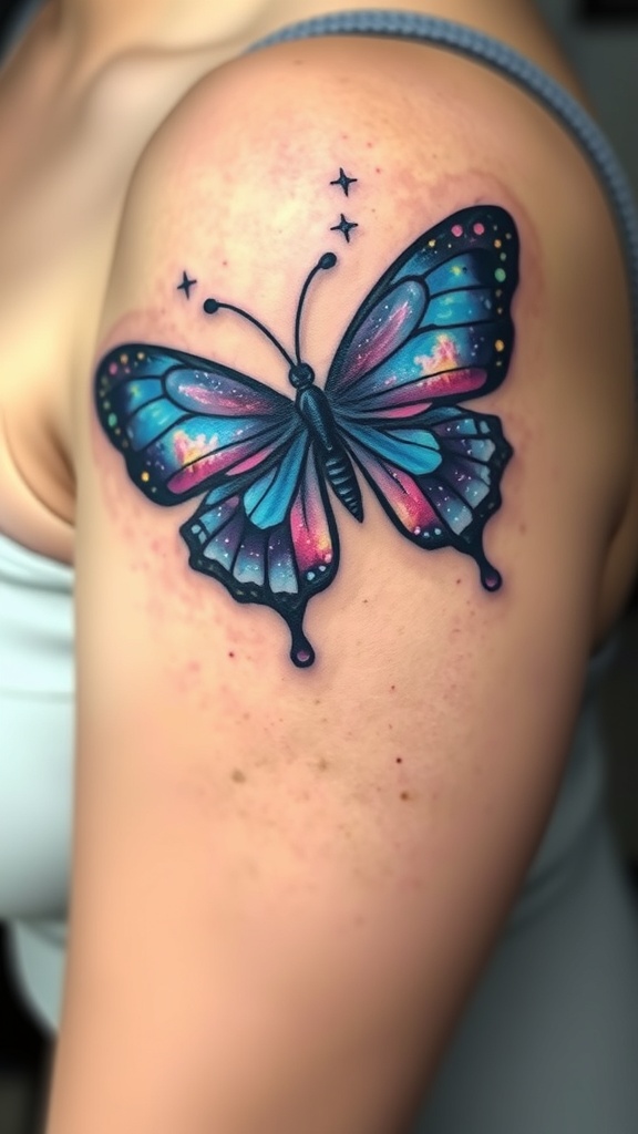 A colorful galaxy butterfly tattoo on a person's shoulder, featuring vibrant blues and pinks.
