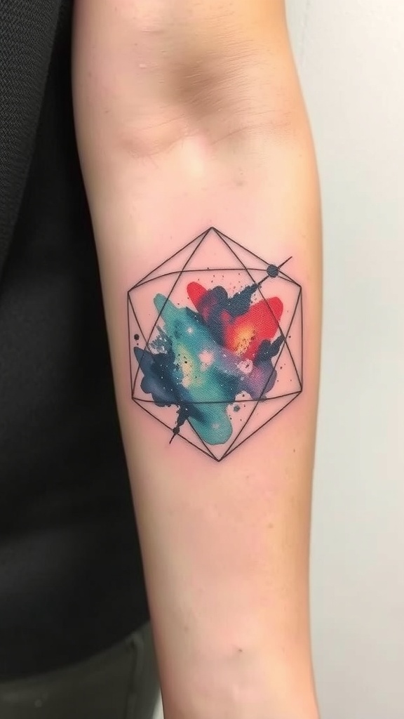 A watercolor galaxy tattoo within a geometric shape on an arm.