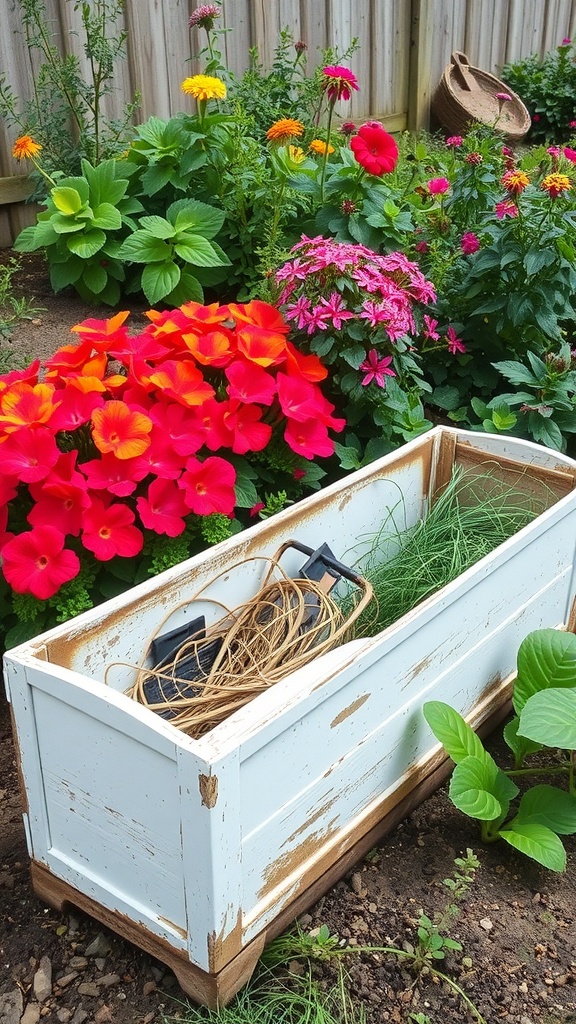 A rustic garden trough compost bin surrounded by colorful flowers.