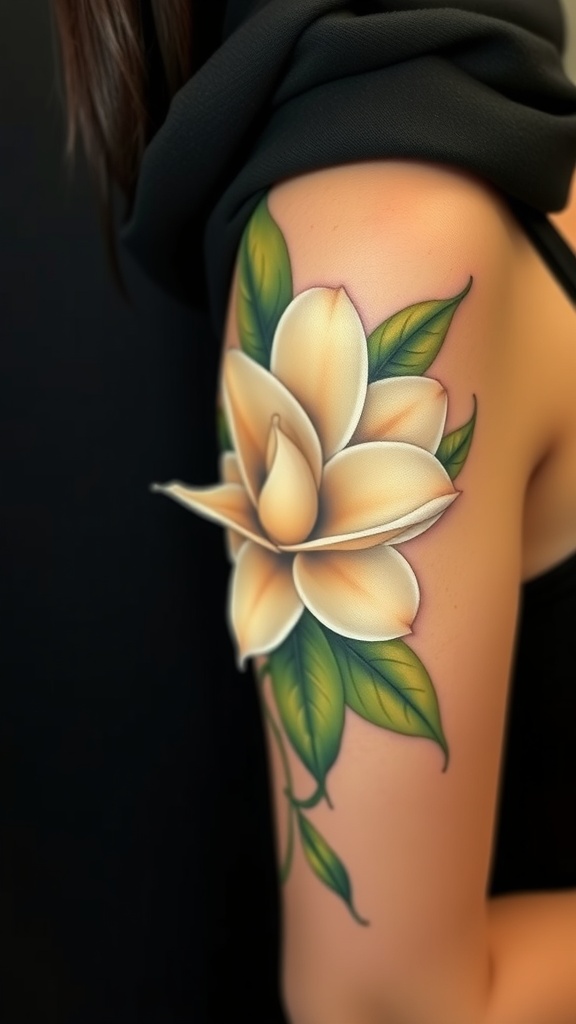 A close-up of a gardenia tattoo on an arm, featuring a creamy flower and green leaves.