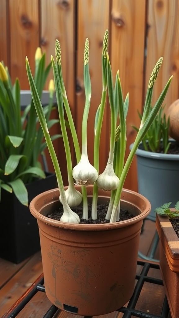 Potted garlic plants with green shoots and bulbs.