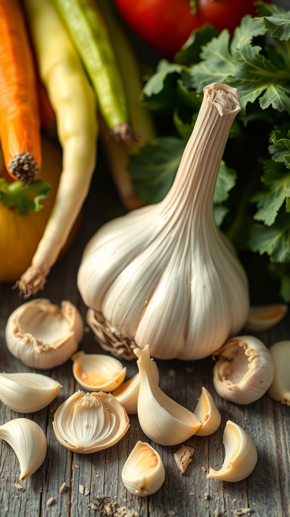 Fresh garlic bulb and cloves on a wooden surface with colorful vegetables in the background.