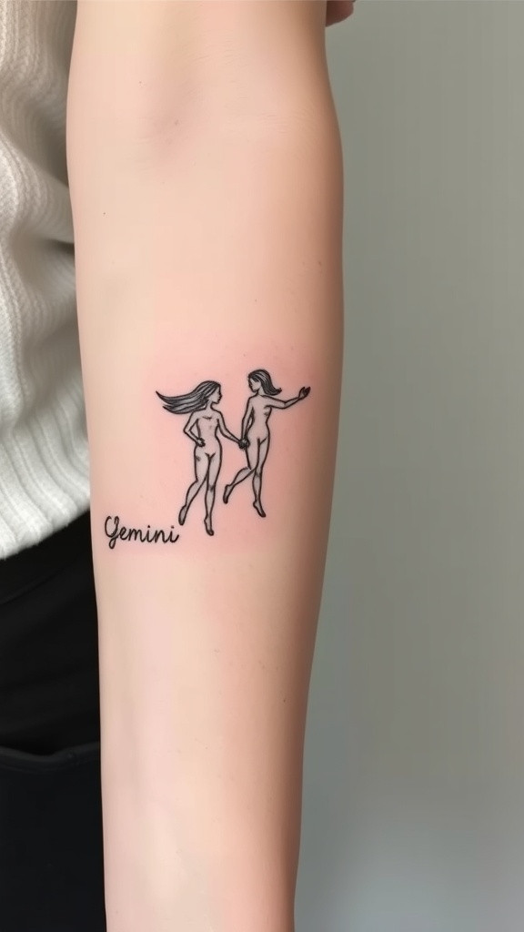 Minimalist Gemini tattoo featuring two figures holding hands.