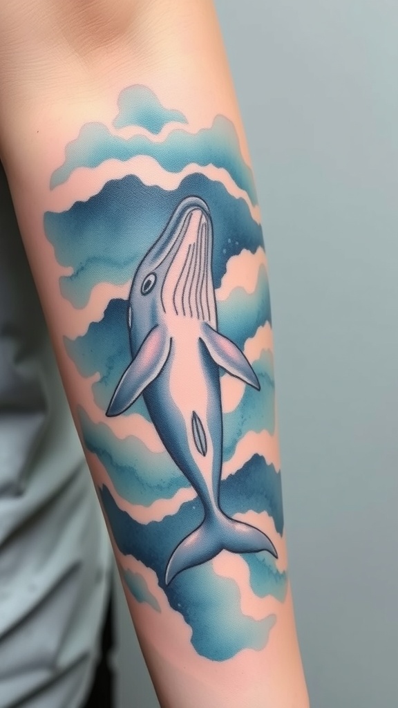 Watercolor tattoo of a whale gliding through the ocean with soft clouds