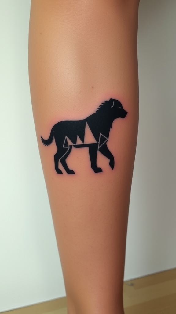 Geometric silhouette tattoo of a lion on a leg