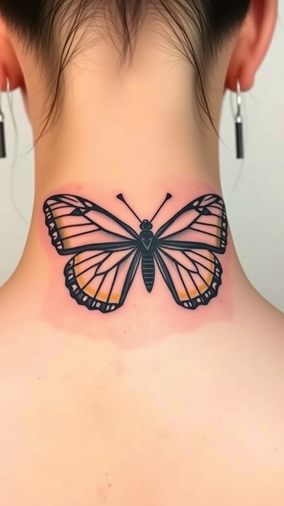Geometric butterfly tattoo on the back of the neck.