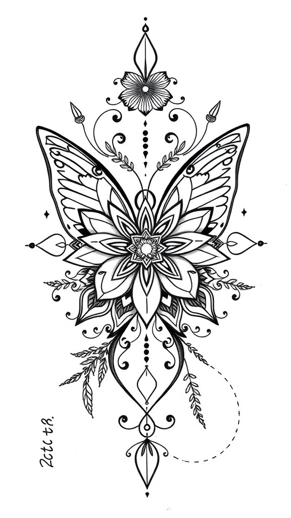 A geometric butterfly flower mandala tattoo on a person's back.