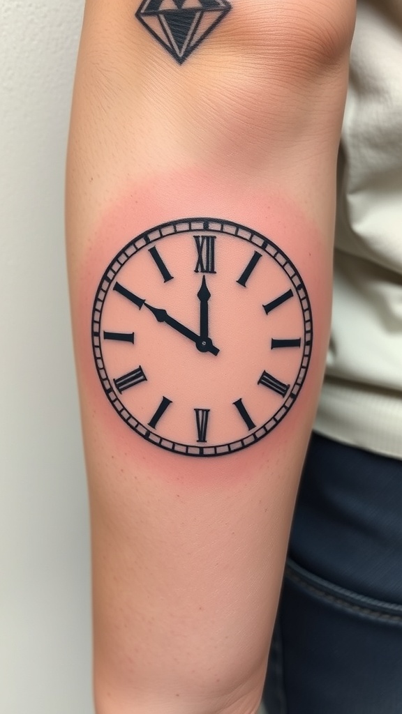 A geometric clock face tattoo on an arm, featuring Roman numerals and a classic design.