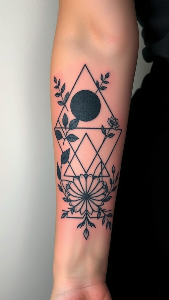 A geometric floral tattoo featuring a flower, leaves, and geometric shapes on a forearm.