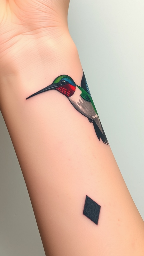 Geometric hummingbird tattoo on a person's forearm