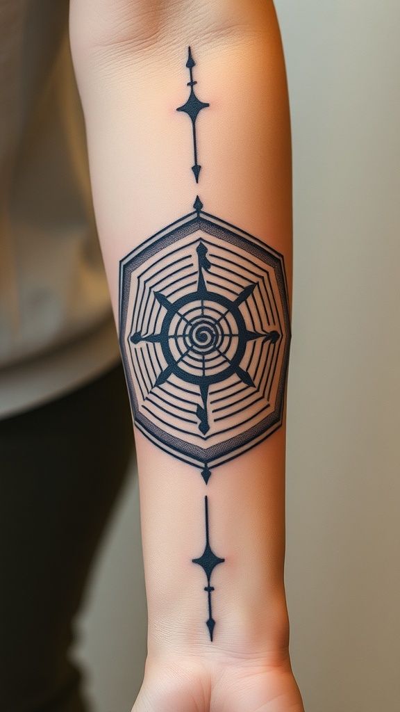 A geometric maze tattoo featuring a spider web design on the forearm.