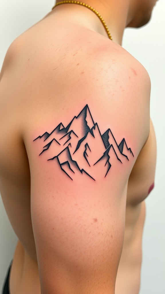 A geometric mountain range tattoo on a person's shoulder.