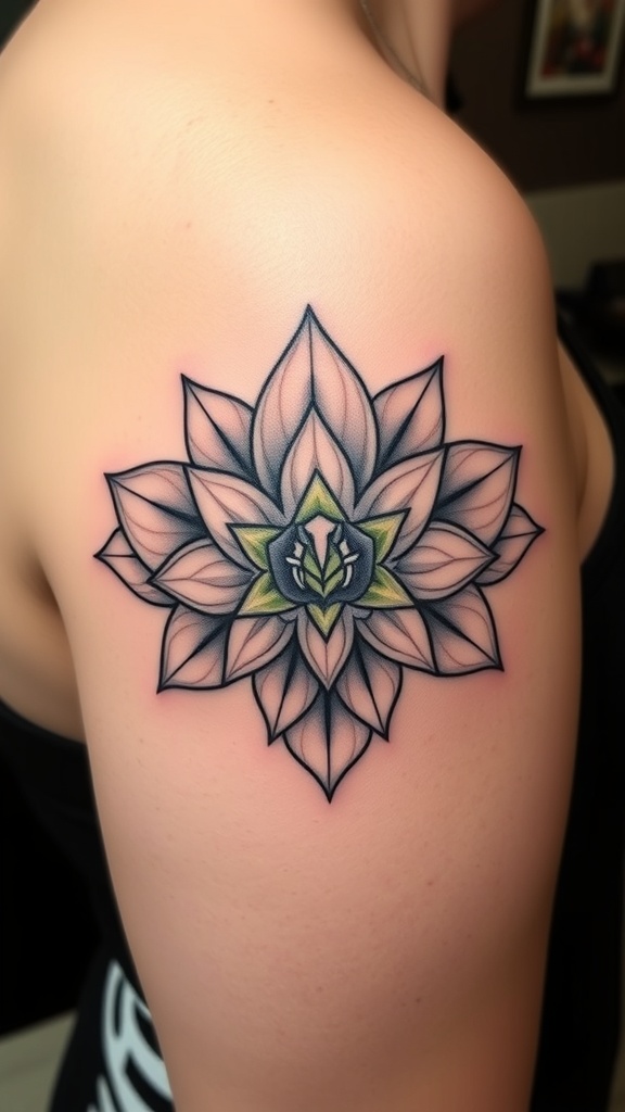 Geometric orchid mandala tattoo on a person's back.