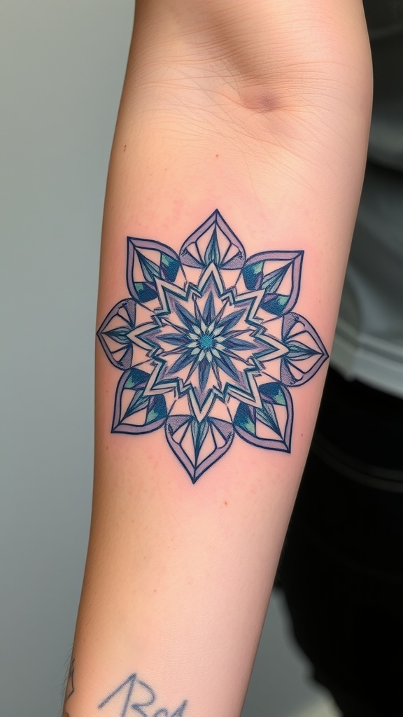 A geometric watercolor mandala tattoo on an arm.