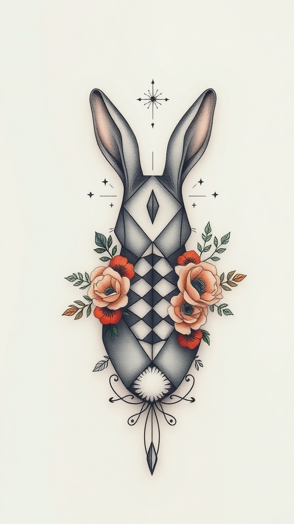 Geometric rabbit tattoo with floral elements