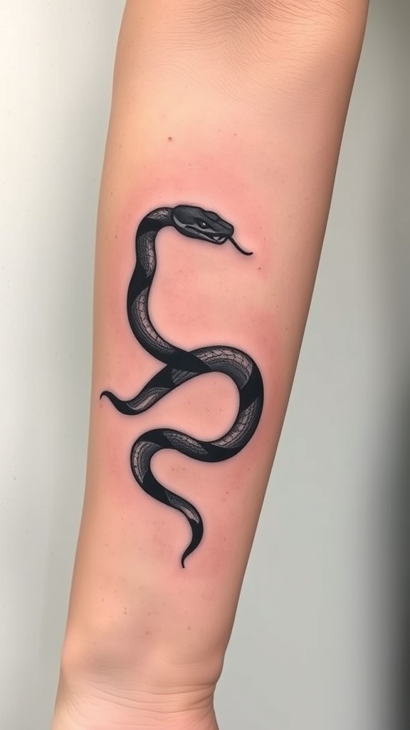 A geometric snake tattoo on a person's forearm.