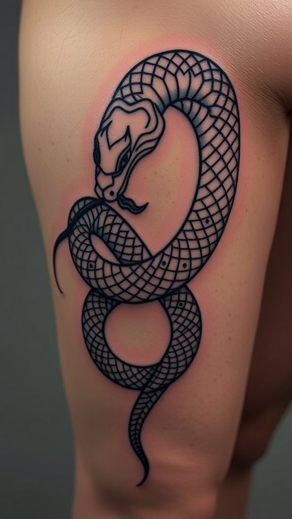 Geometric snake tattoo with intricate scales on a person's thigh.