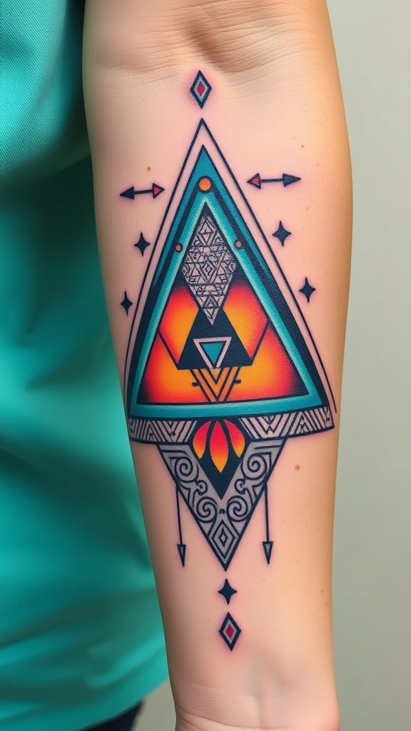 A colorful geometric triangle tattoo featuring various patterns and designs.