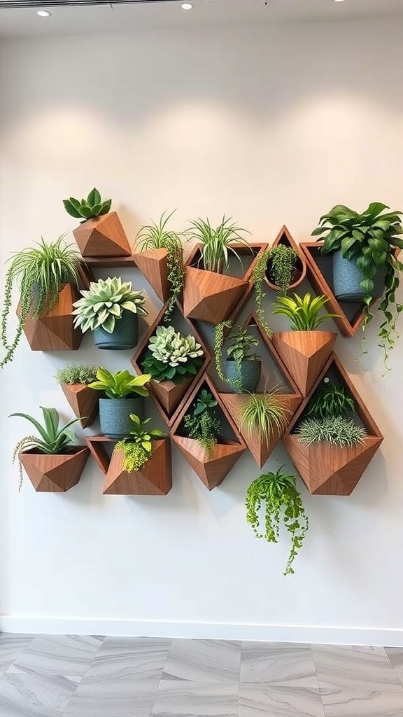 A collection of geometric wall-mounted planters filled with various plants.