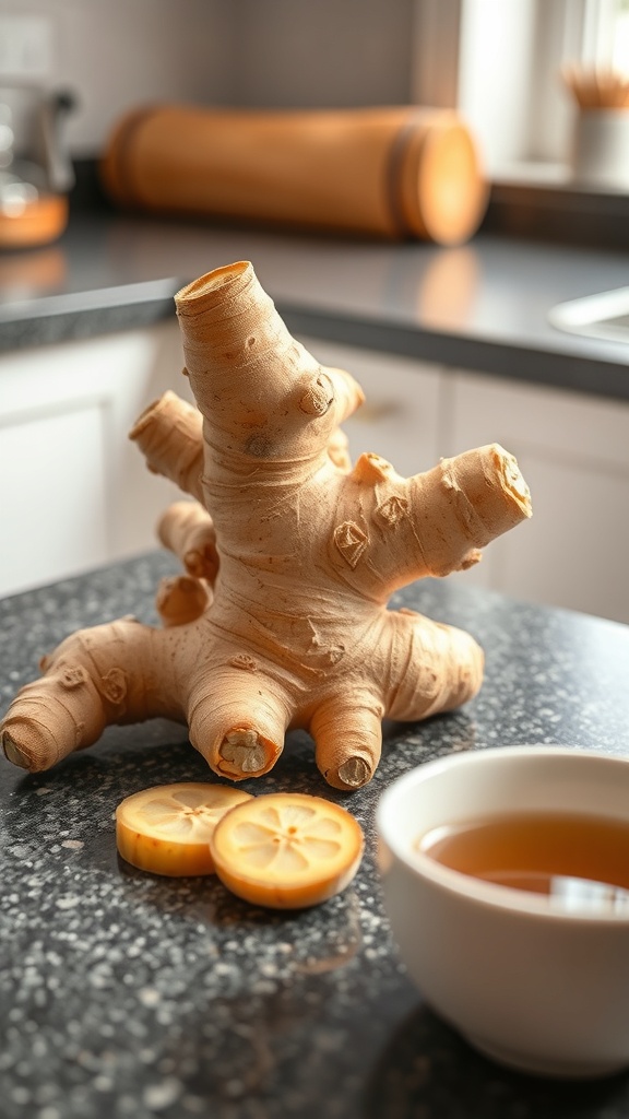 Fresh ginger root with sliced pieces and a cup of ginger tea on a kitchen countertop.
